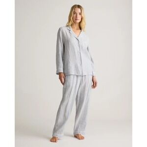 Quince Linen Long Sleeve Pajama Set Piping Blue Pinstripe Medium New With Tags